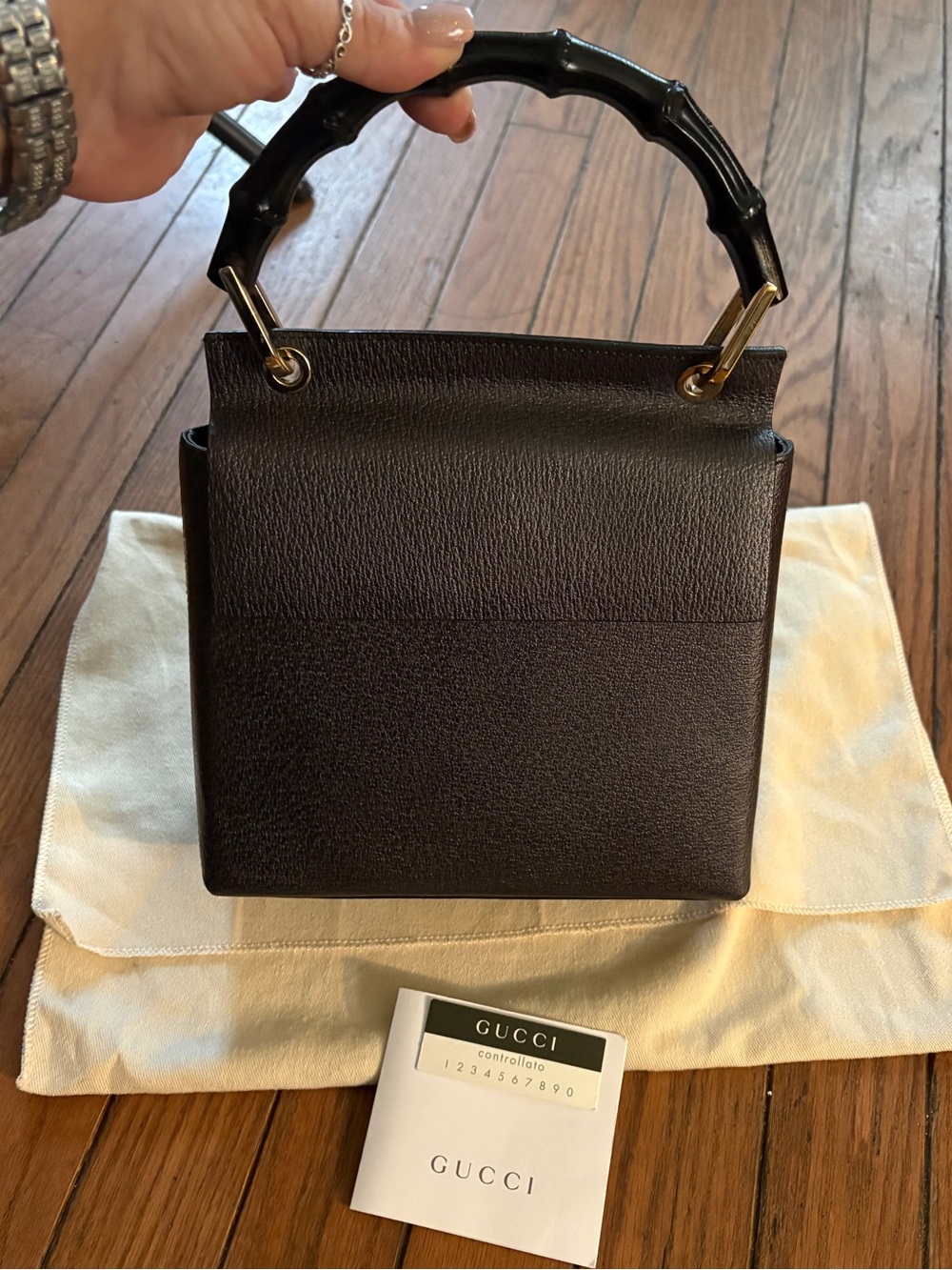 Gucci Black Leather Bamboo-Handle Top Handle Bag NEW*